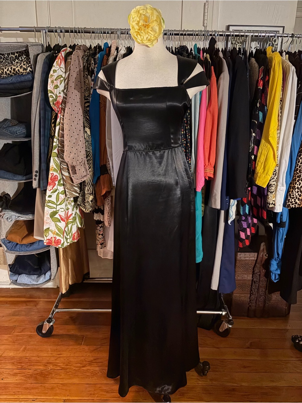 Reformation Black Satin Square-Neck Maxi Dress